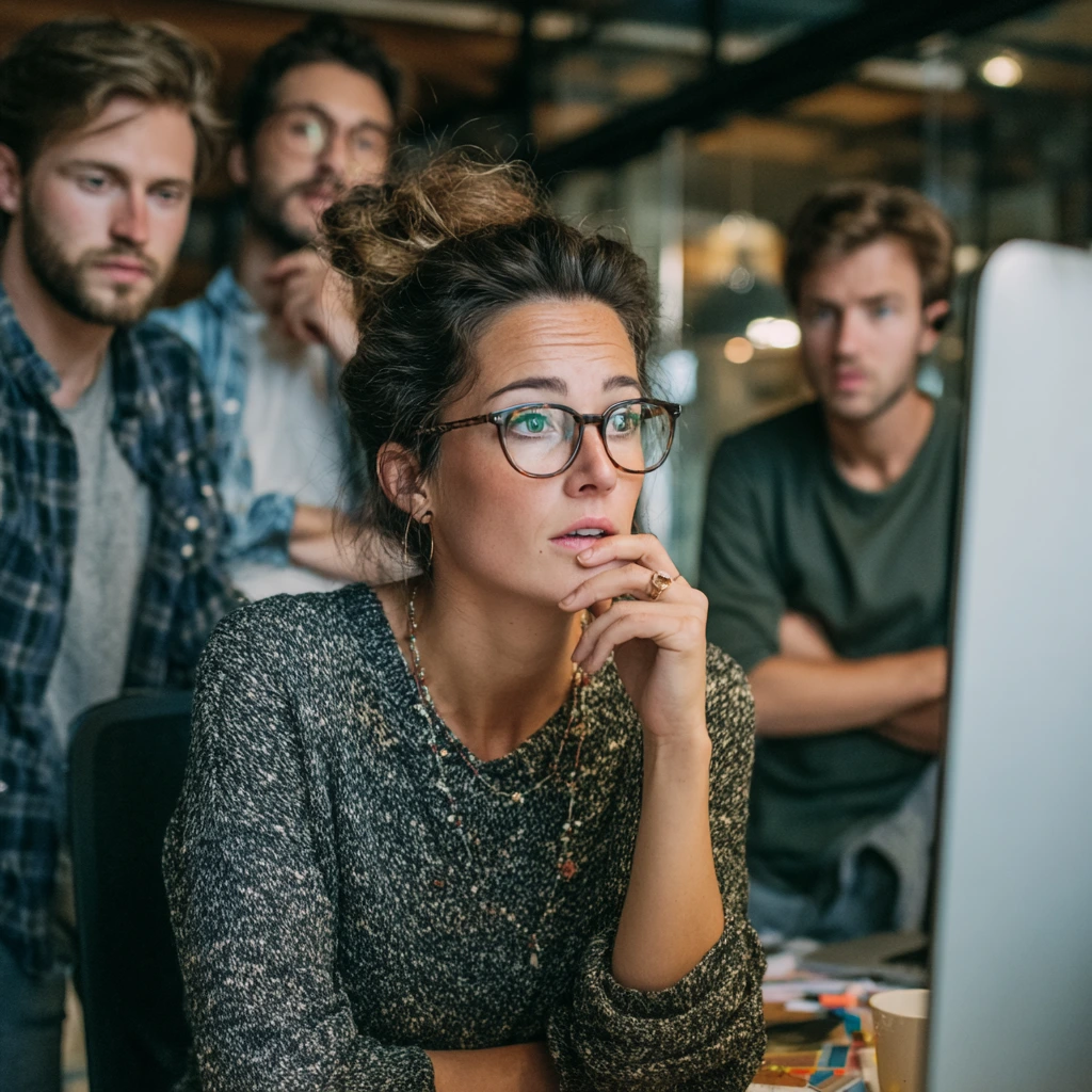 A focused nonprofit leader and her team reviewing their digital presence on a computer, discussing non profit website design in Vancouver and specialized charity website design in BC for mission-driven societies.