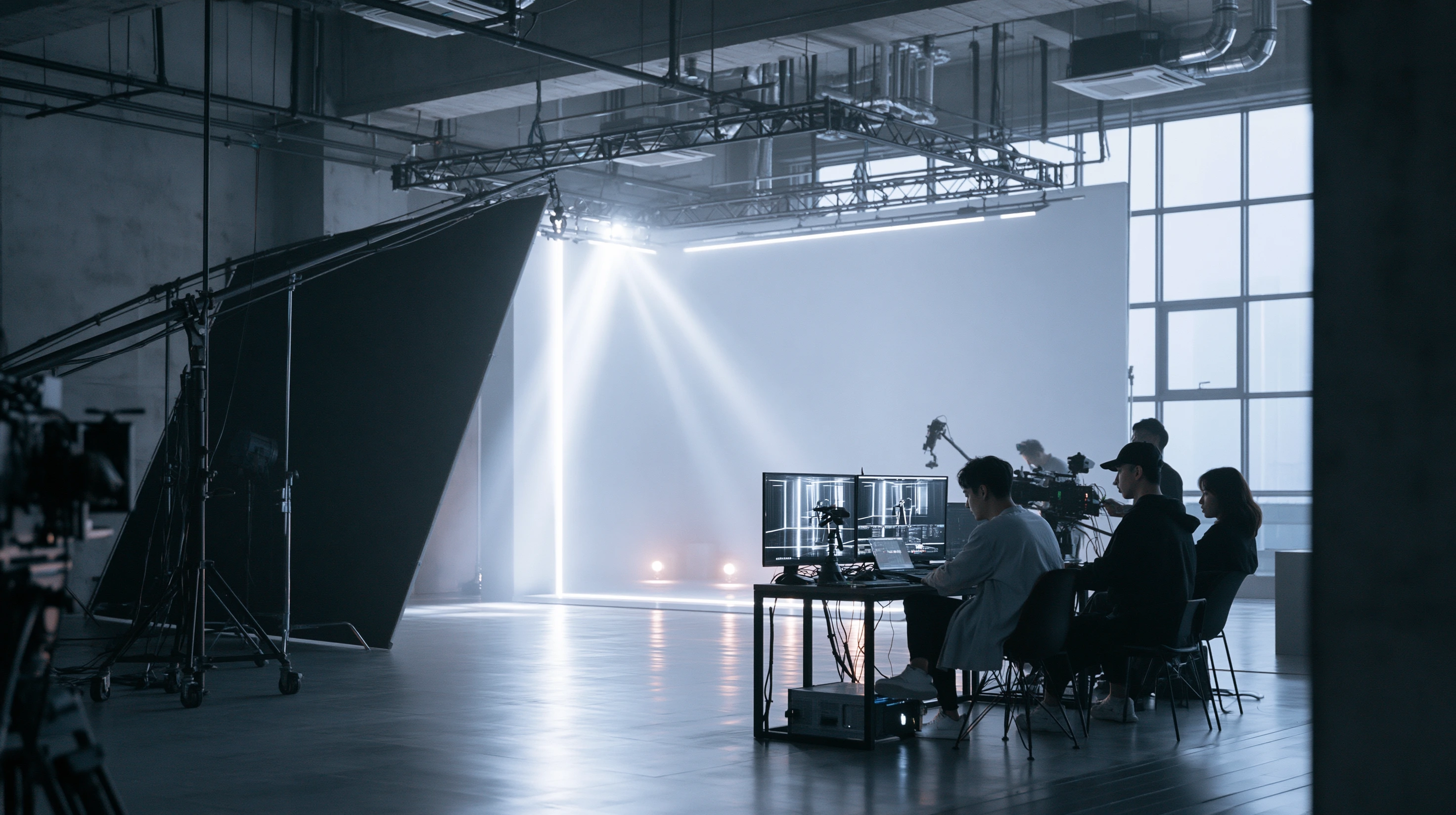 Wide shot of a high-end, industrial-style virtual production studio featuring dual editing monitors at a workstation, a large overhead lighting rig, and a massive illuminated white backdrop screen.