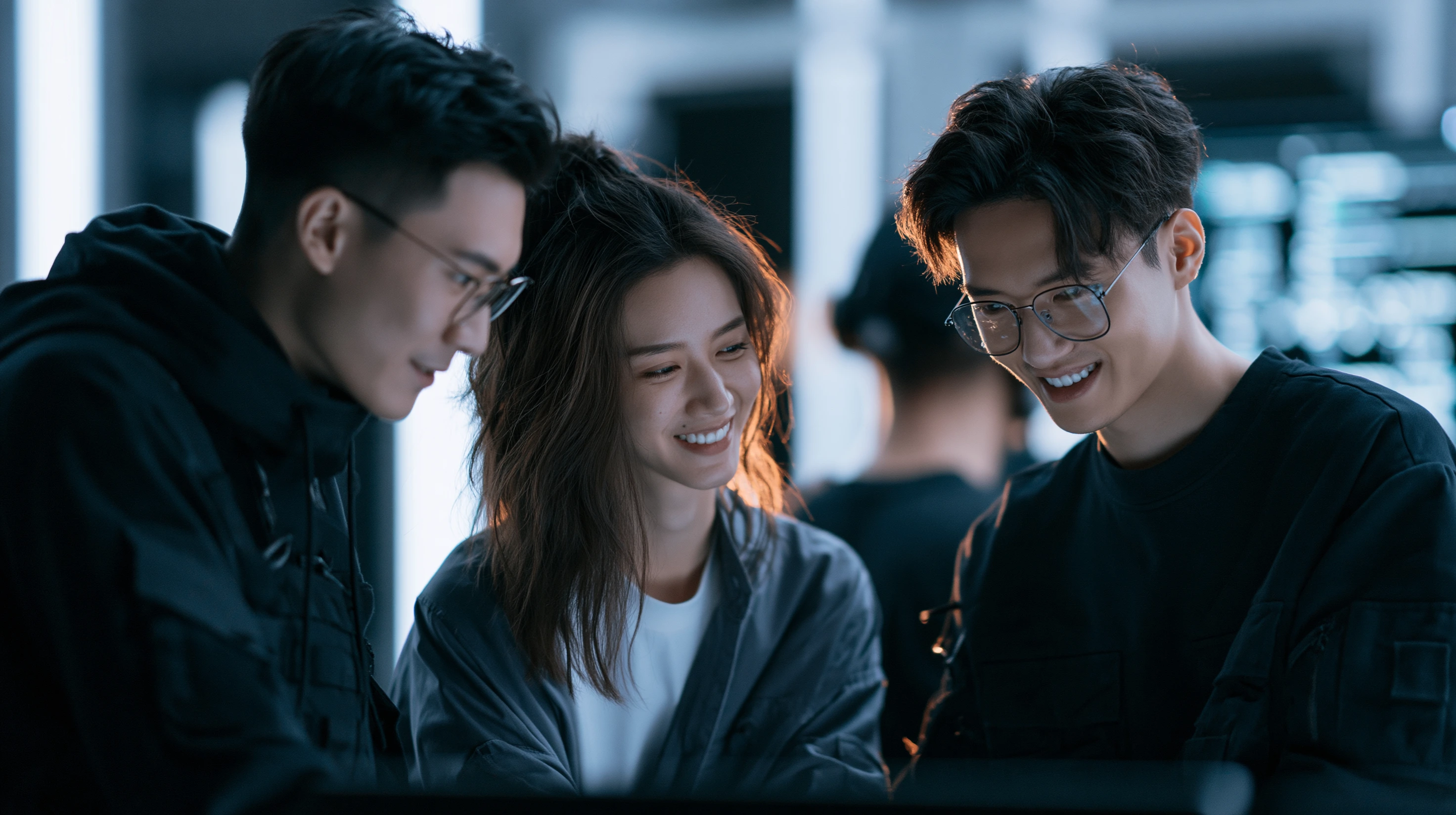 Three young creative tech professionals smiling and reviewing media footage on a screen in a modern, moody post-production studio environment.