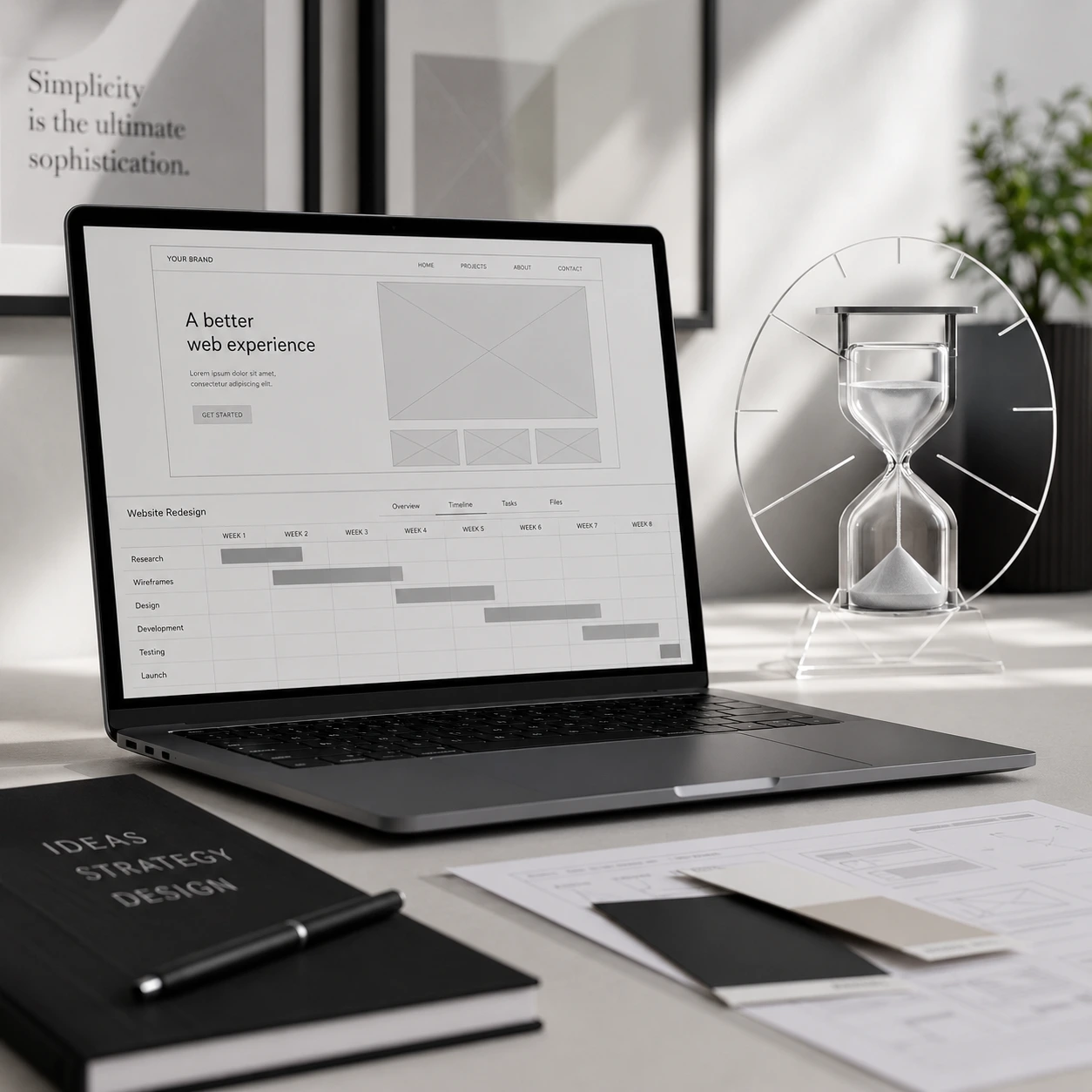 A modern laptop open on an agency desk displaying a website redesign project timeline.