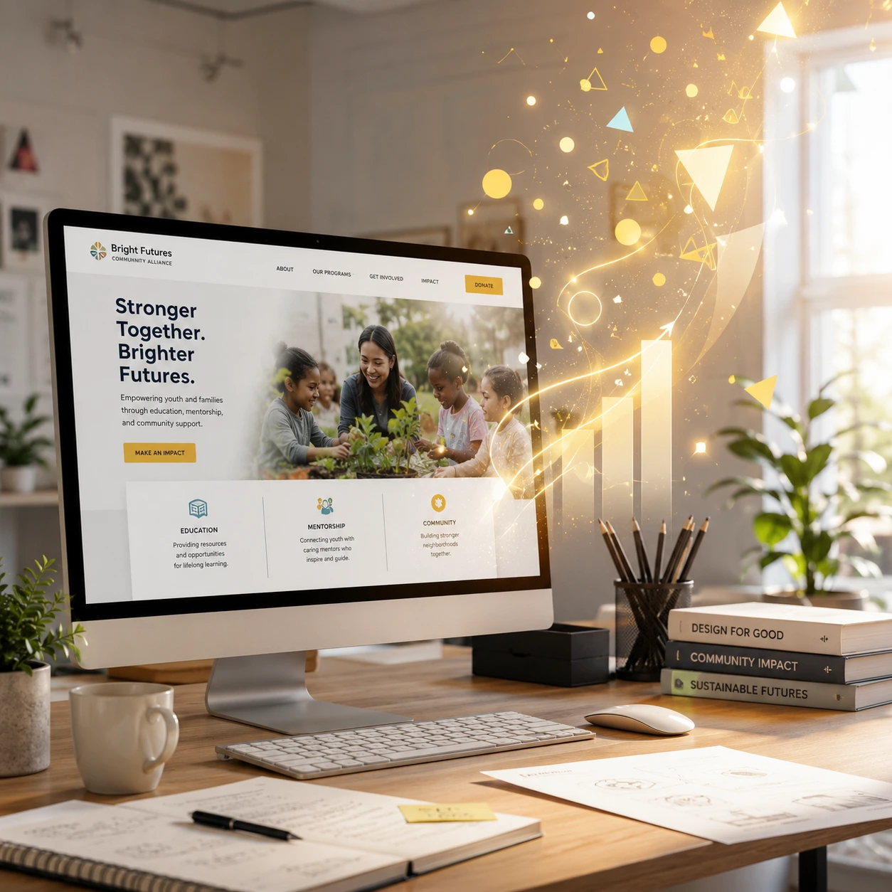 A professional desktop workspace featuring an iMac monitor displaying a modern non-profit website design for "Bright Futures Community Alliance."