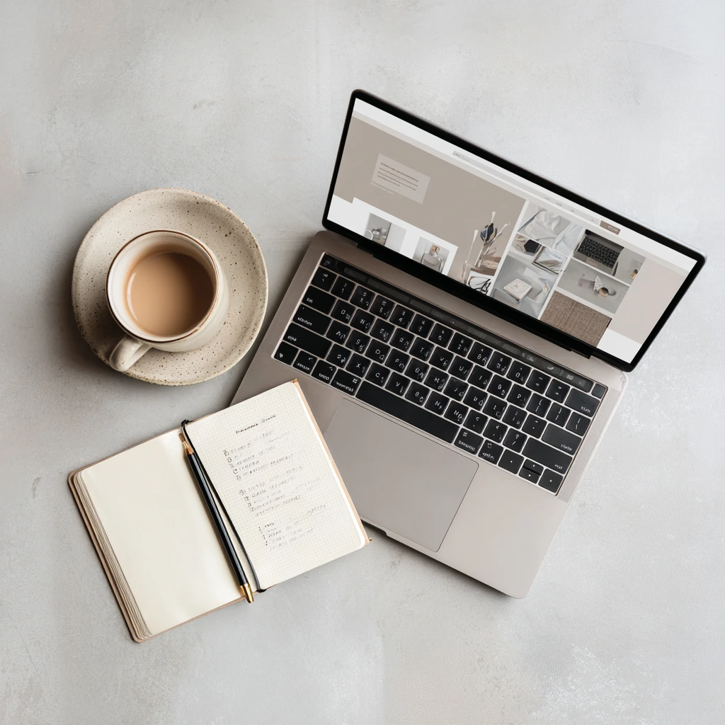 An overhead flat lay photo of a clean minimalist desk workspace featuring a laptop displaying a website wireframe alongside an open notebook with a written checklist and a pen