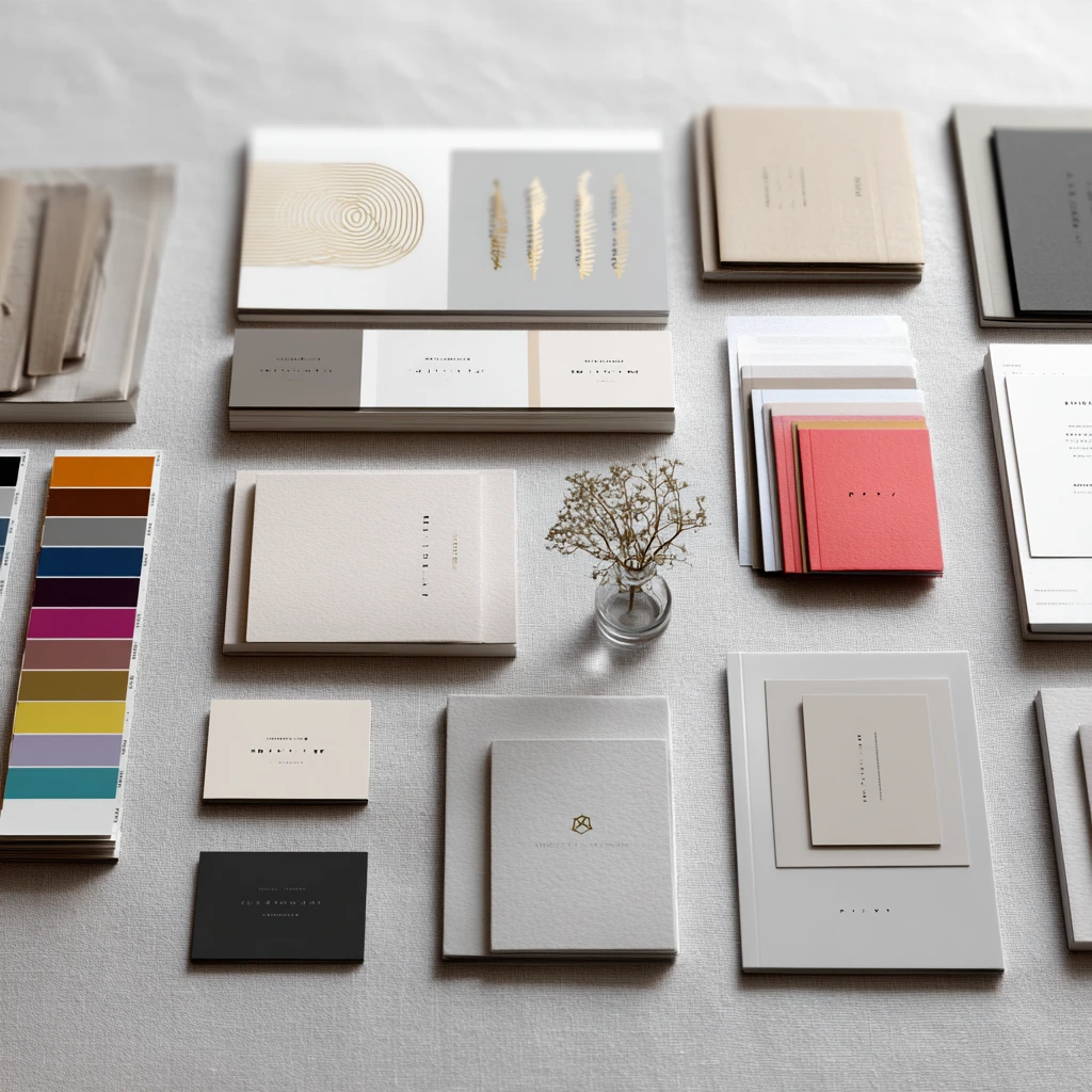 An editorial flat lay photo displaying an assortment of brand identity materials including logo designs, typography sheets, and colorful Pantone swatches on a textured gray background