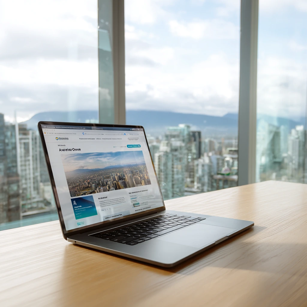 A modern Vancouver office workspace featuring a laptop screen displaying Google AI Overviews and local web design services near me optimization.