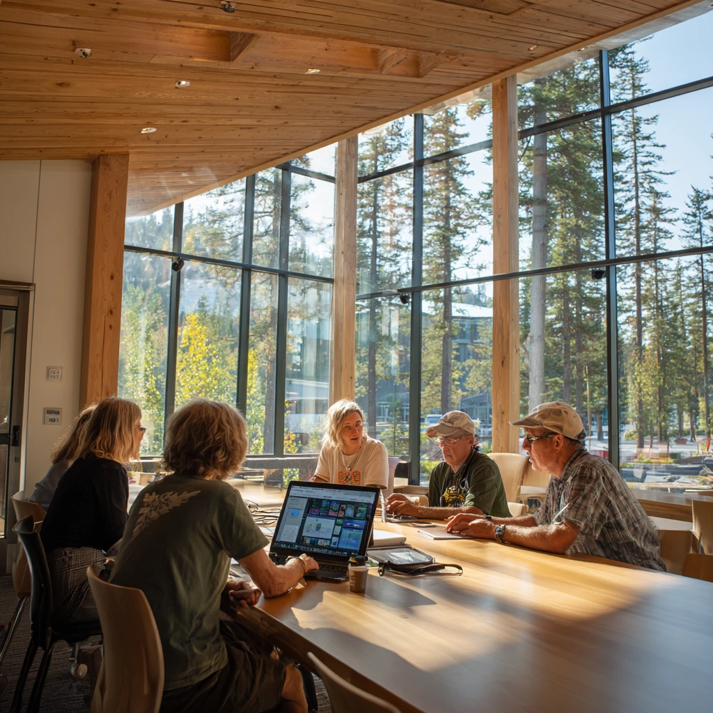 A diverse group of community organizers interacting with a digital membership website for nonprofits inside a British Columbia community hub.