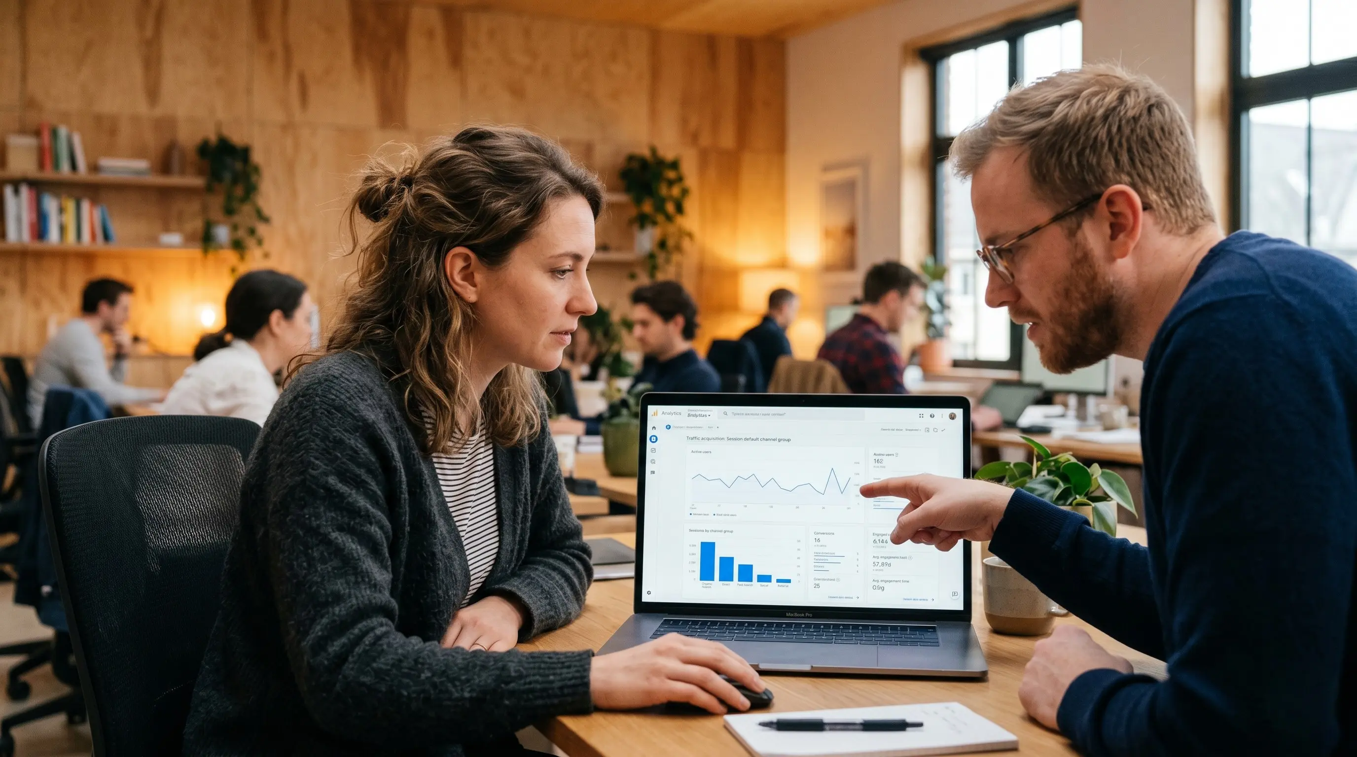 Marketing team collaborating at an AI SEO agency in Vancouver, reviewing data dashboards for a generative engine optimization campaign