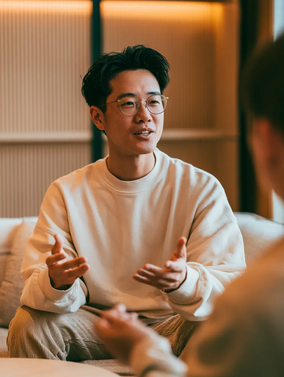 An Asian male AI SEO consultant with glasses gesturing dynamically during a strategic discussion regarding AI search optimization services.