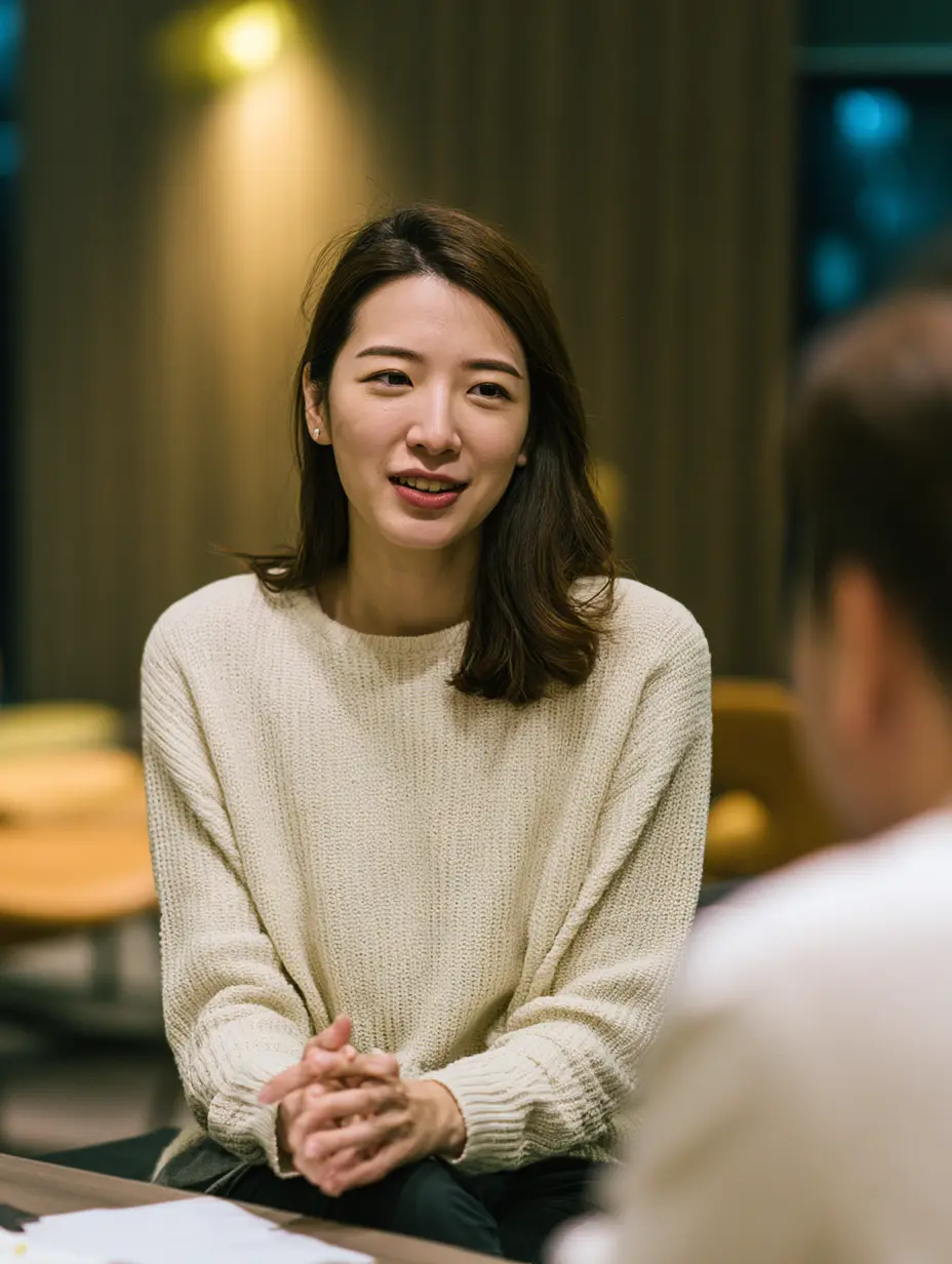 An Asian female team member at Parabolic Studio speaking candidly during a meeting about answer engine optimization services.