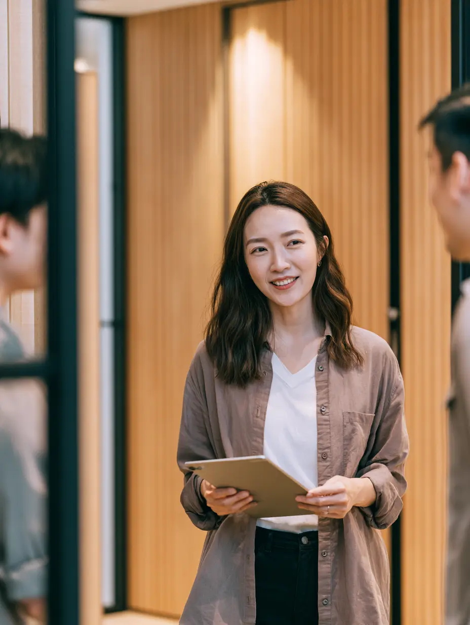 An Asian female consultant holding a digital tablet while collaborating with coworkers in a modern office hallway at a generative engine optimization agency.