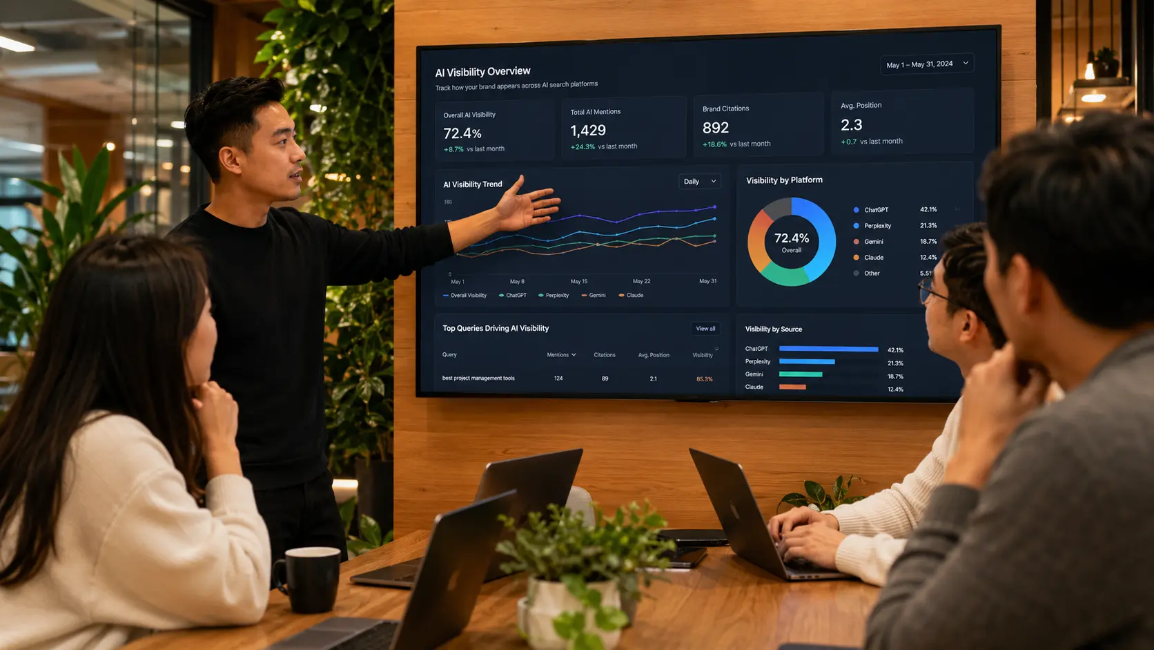 A digital marketing team at a conference table reviewing a large screen displaying an AI Visibility Overview dashboard, which tracks overall AI search visibility metrics, total AI mentions, brand citations, and average ranking positions across major platfo