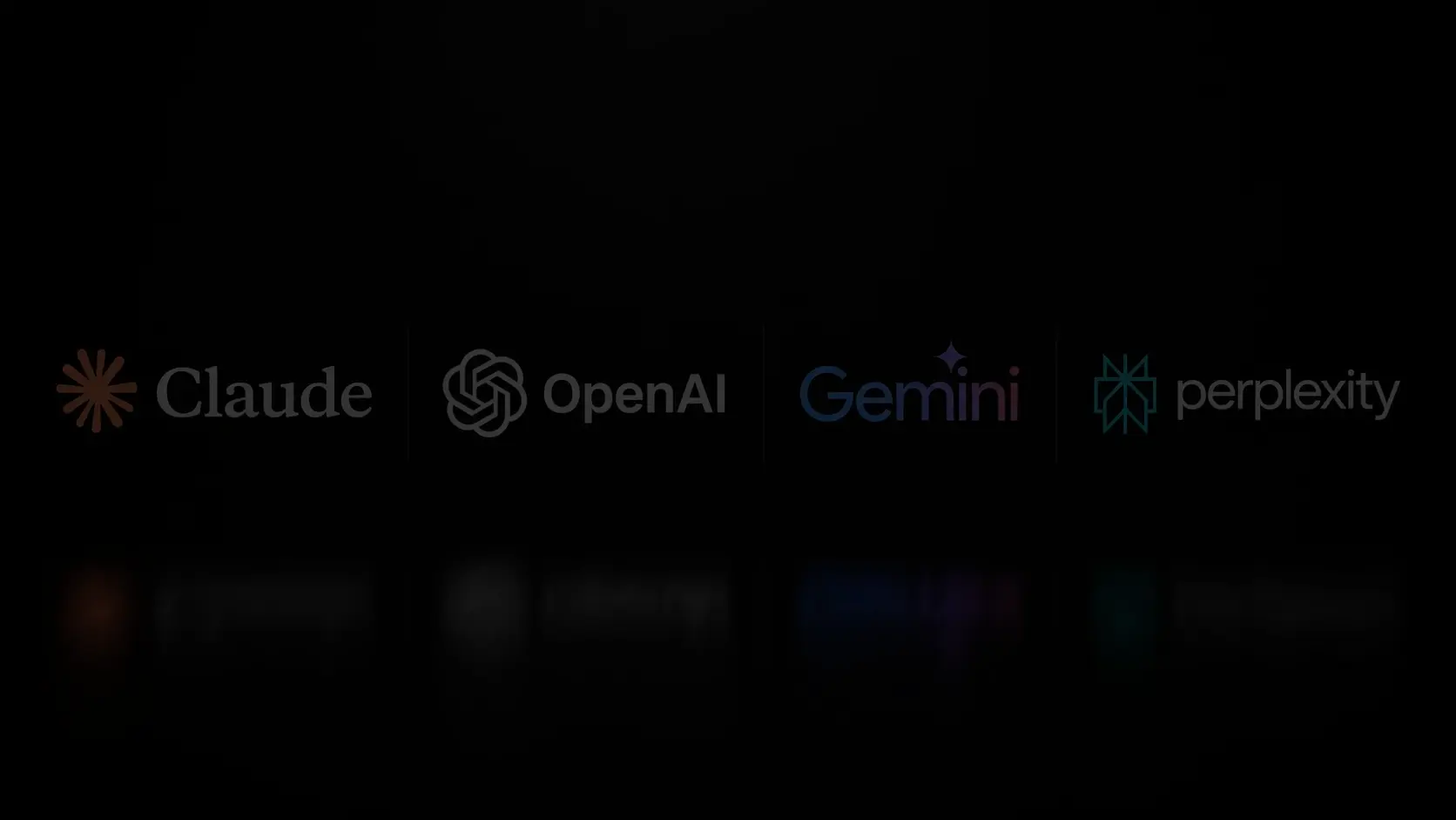 A line-up of logos for Claude, OpenAI, Gemini, and Perplexity on a dark reflective surface, highlighting major engines used for AI search optimization