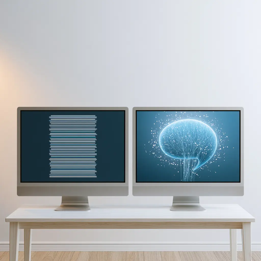 Two monitors side by side, one showing a stack of ranked search links, the other a single AI answer, for GEO vs SEO.