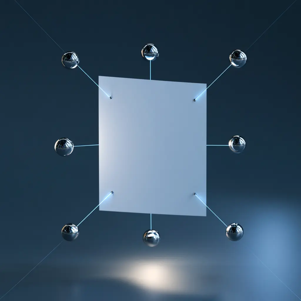 A single sheet of paper linked by blue lines to eight chrome spheres, showing an llms.txt file guiding AI models.
