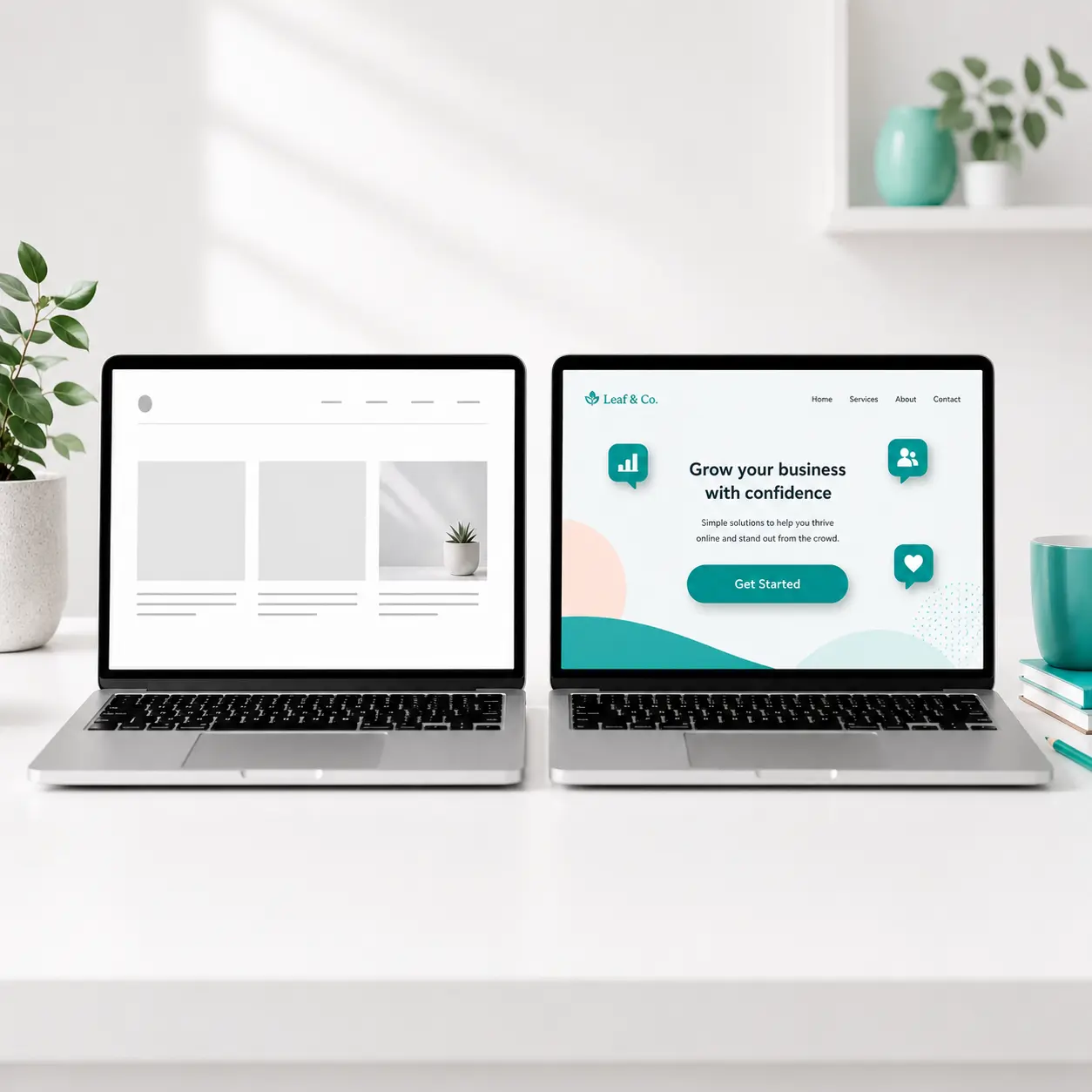 Two laptops compared, a plain brochure website beside a lead generation website with a button and enquiry bubbles.