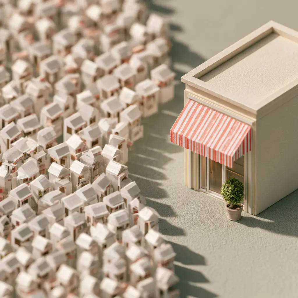 Miniature model of packed identical market stalls beside one standalone boutique, comparing marketplaces with your own store.