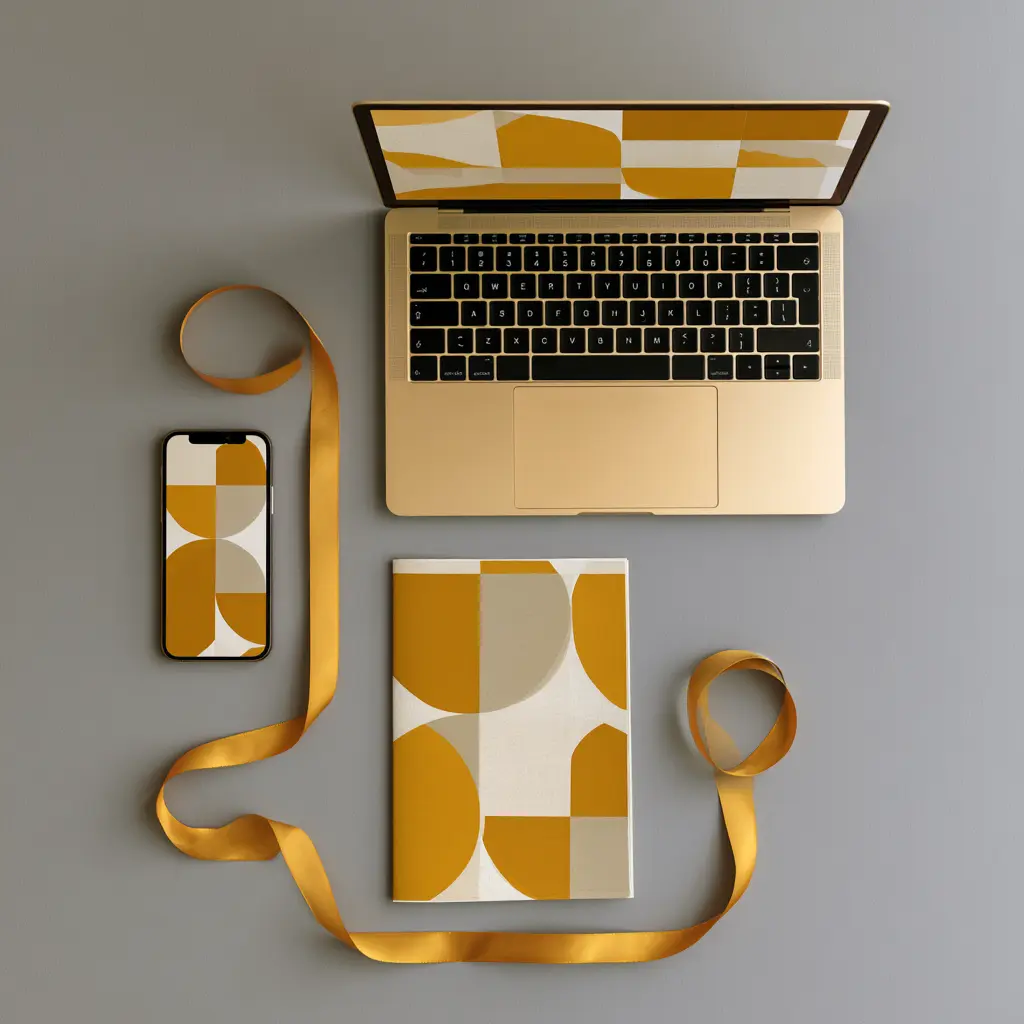 A phone, laptop and newsletter in a row sharing the same mustard and cream branding, for a consistent brand voice and tone.