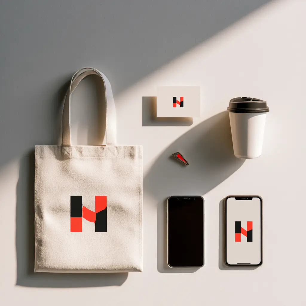 One logo shown as variations across a business card, app icon, and branded merchandise