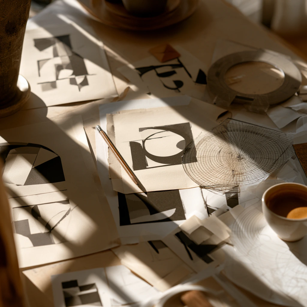 Overhead view of original abstract geometric logo studies on cream paper on a designer's desk, illustrating what makes a good logo