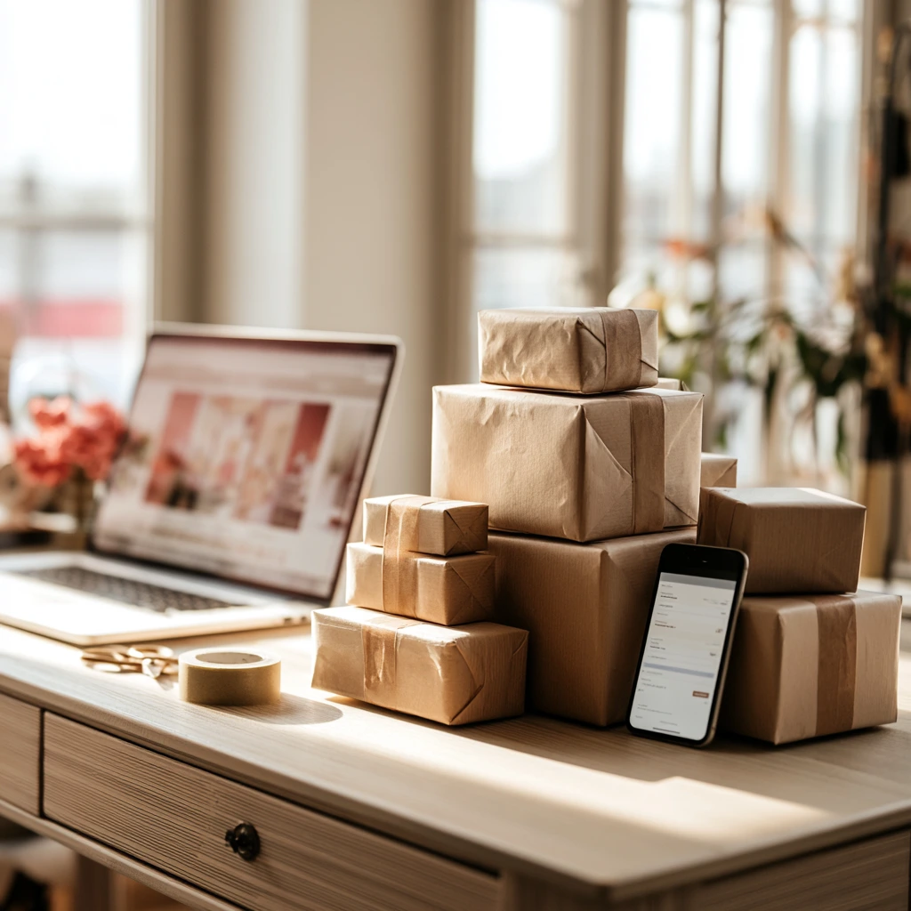 Canadian small-business shipping station with kraft parcels, a laptop storefront, and a phone checkout, illustrating cross-border ecommerce into the US