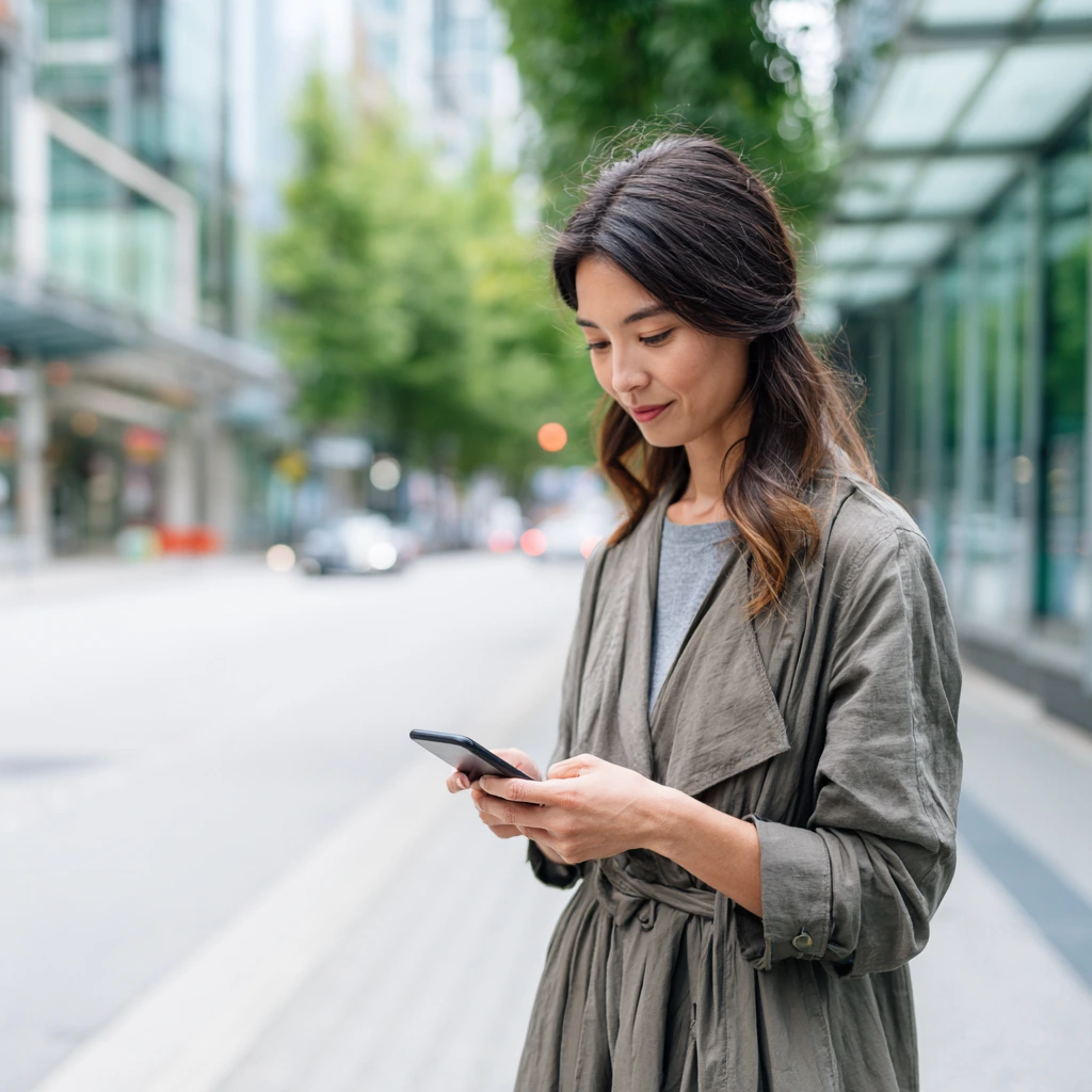 Person on a Vancouver street viewing a clean website on their phone, illustrating mobile-first web design for local customers