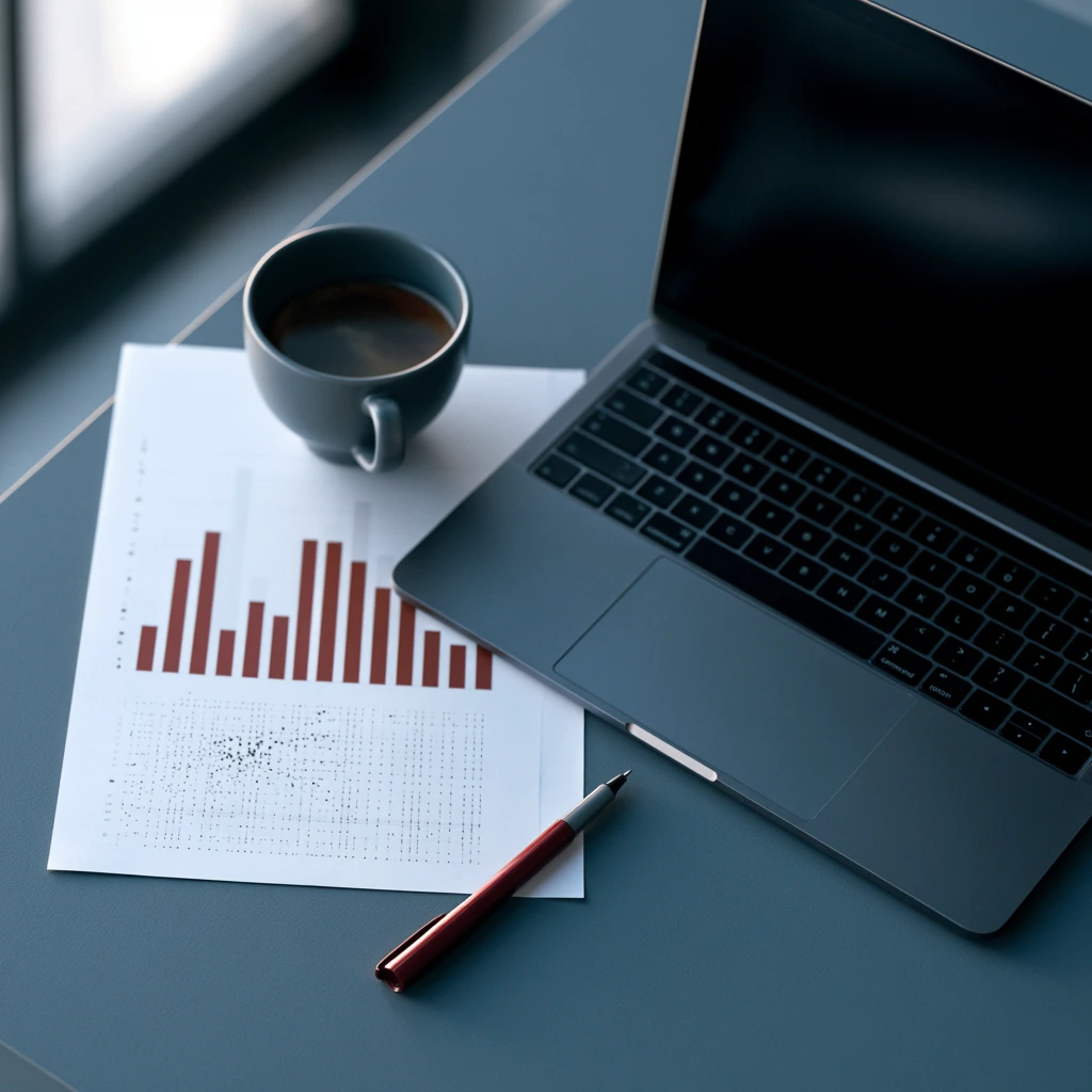 Overhead editorial photo of an analyst's desk with printed AI search visibility benchmark charts and a laptop, from the 2026 Canadian AI visibility study