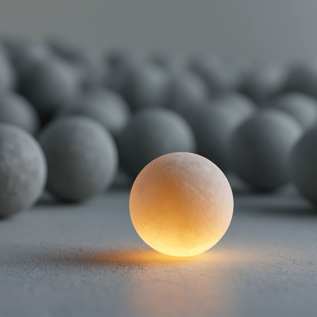 A single glowing sphere standing out among grey spheres, a metaphor for answer engine optimization surfacing one clear answer