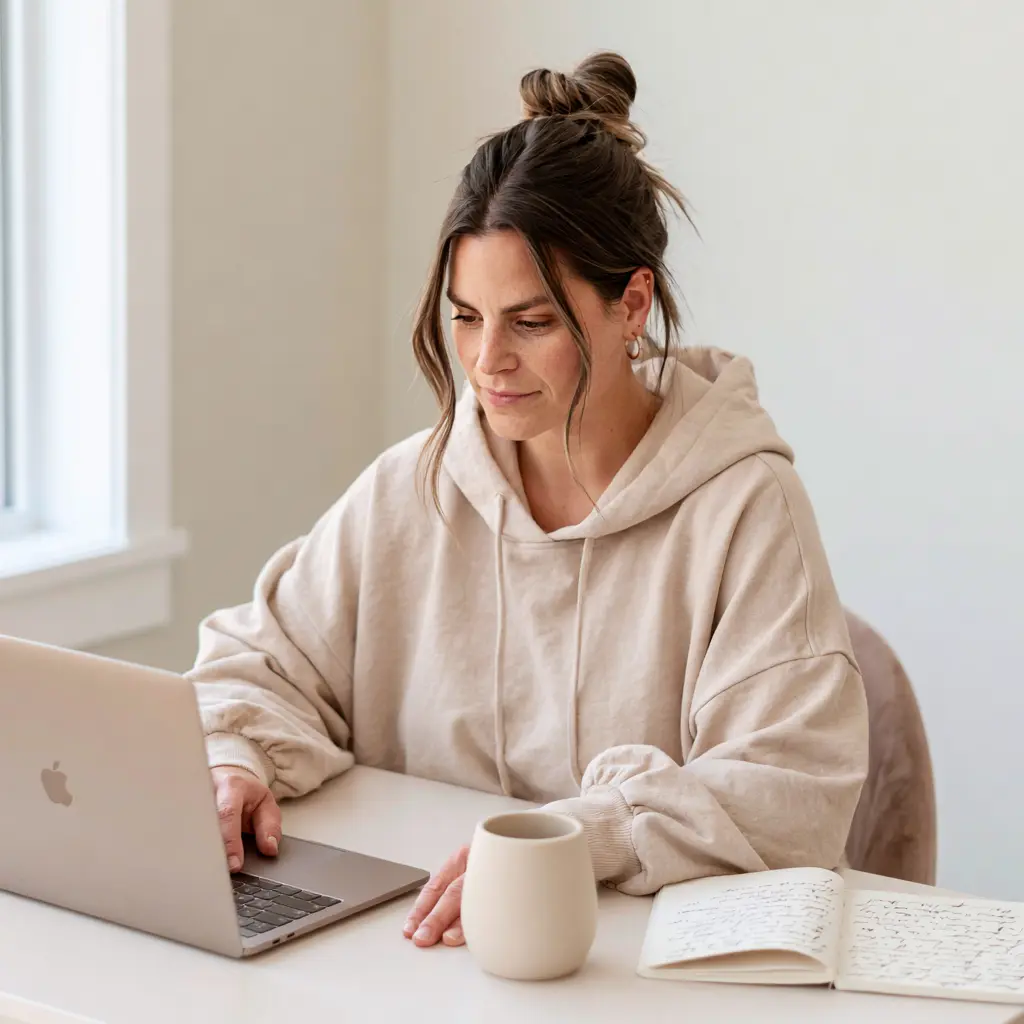 A copywriter at a bright desk drafts website content on a laptop, working on website copy that ranks in search and converts visitors.