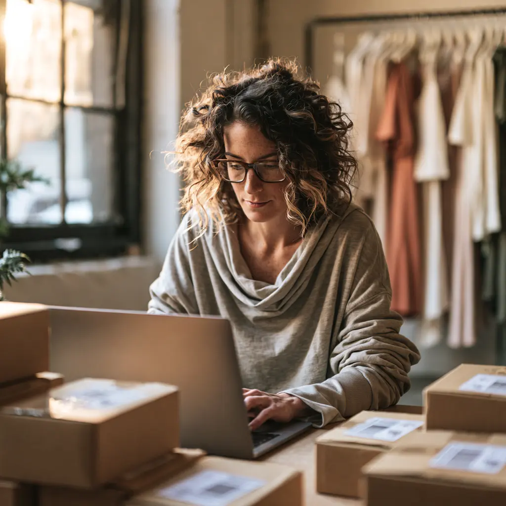 A Canadian online store owner reviews her Shopify shop on a laptop beside packed parcels, applying ecommerce SEO tips to get found on Google.