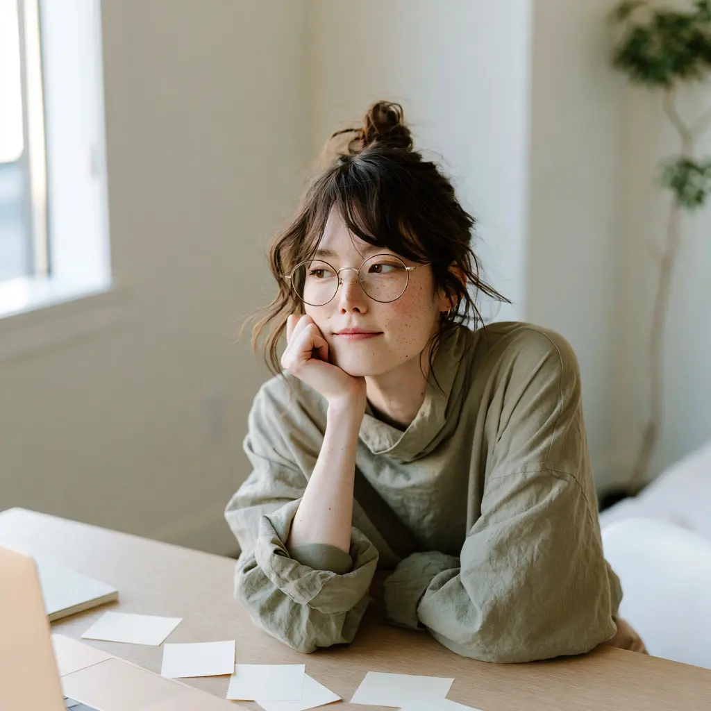A first-time founder sits at a bright desk thoughtfully weighing brand name options while checking name availability in Canada.