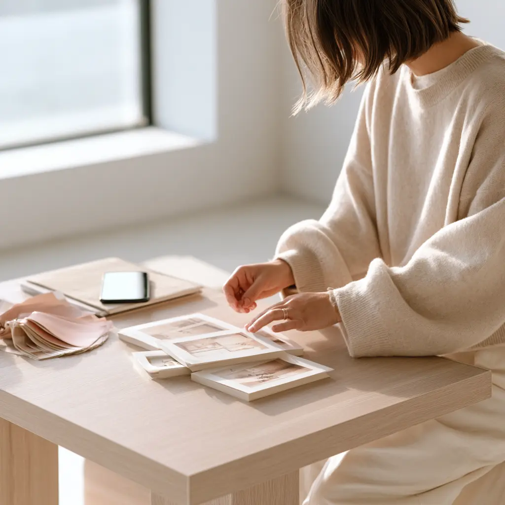 Small business owner arranging printed social media branding layouts on a pale desk beside a phone and colour swatches