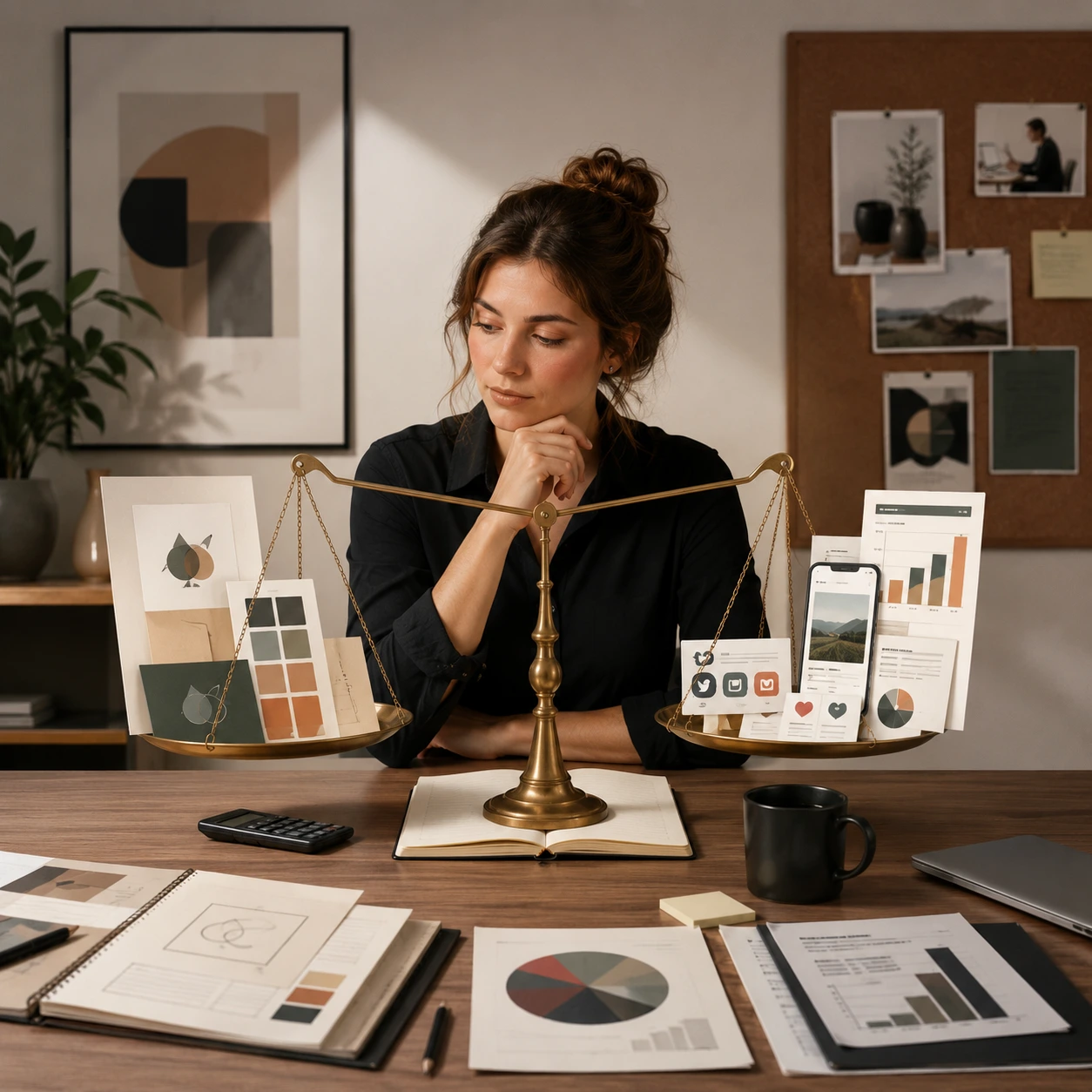 Small business owner weighing branding vs marketing budget priorities with brand identity materials and campaign analytics.