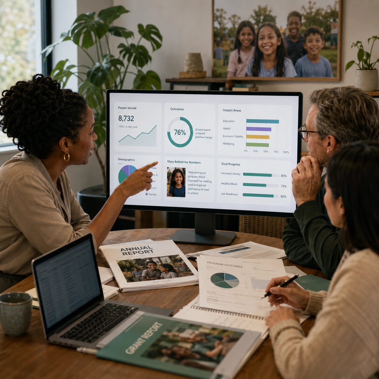 Nonprofit team reviewing impact measurement data, outcomes and grant reporting metrics on a public facing website dashboard.