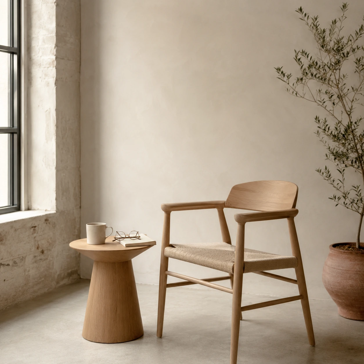 An empty wooden chair, ceramic mug and reading glasses in a calm studio, the quiet setting where a personal brand starts