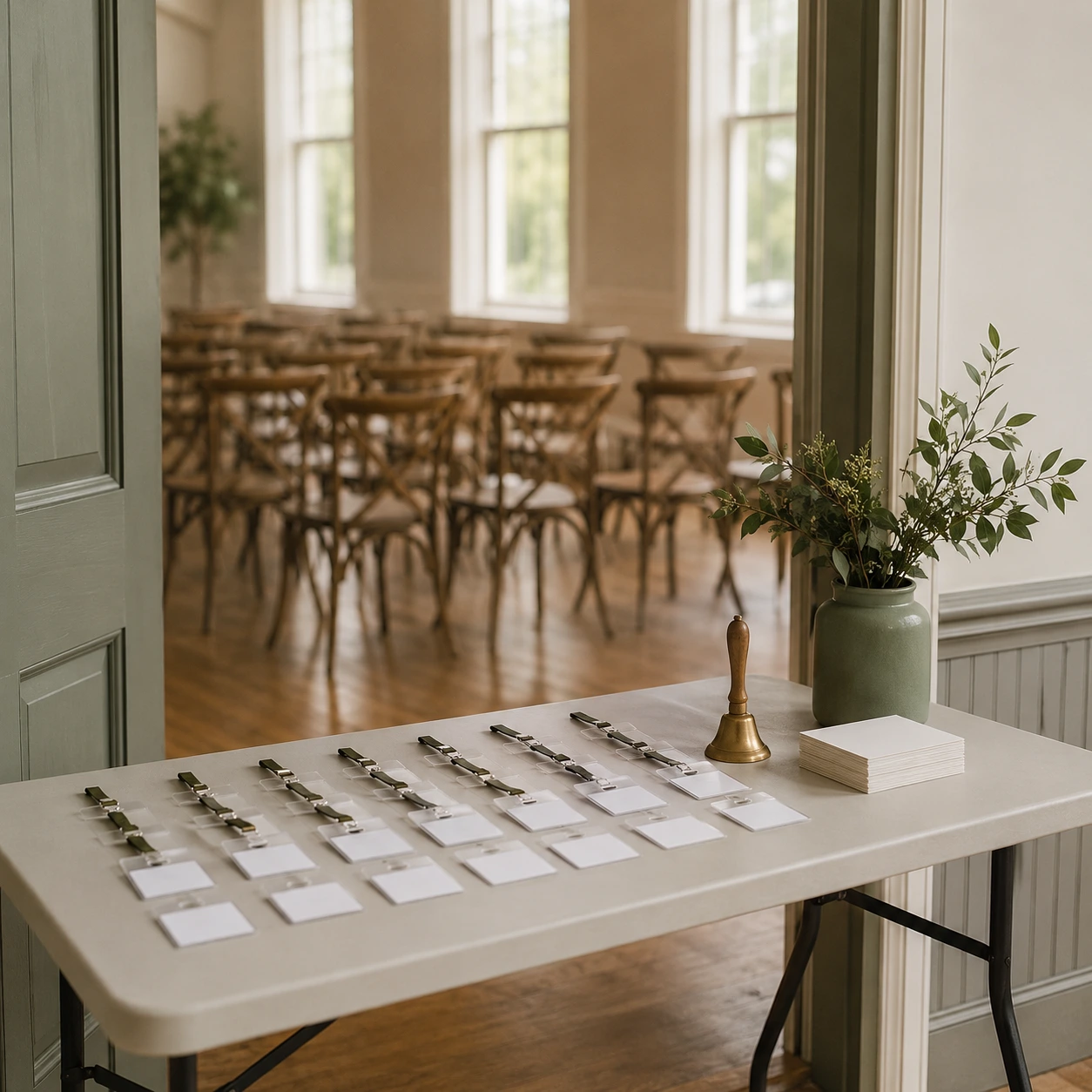 A folding table with blank name badges and a small brass bell set up as a check-in desk in a bright community hall before an event.