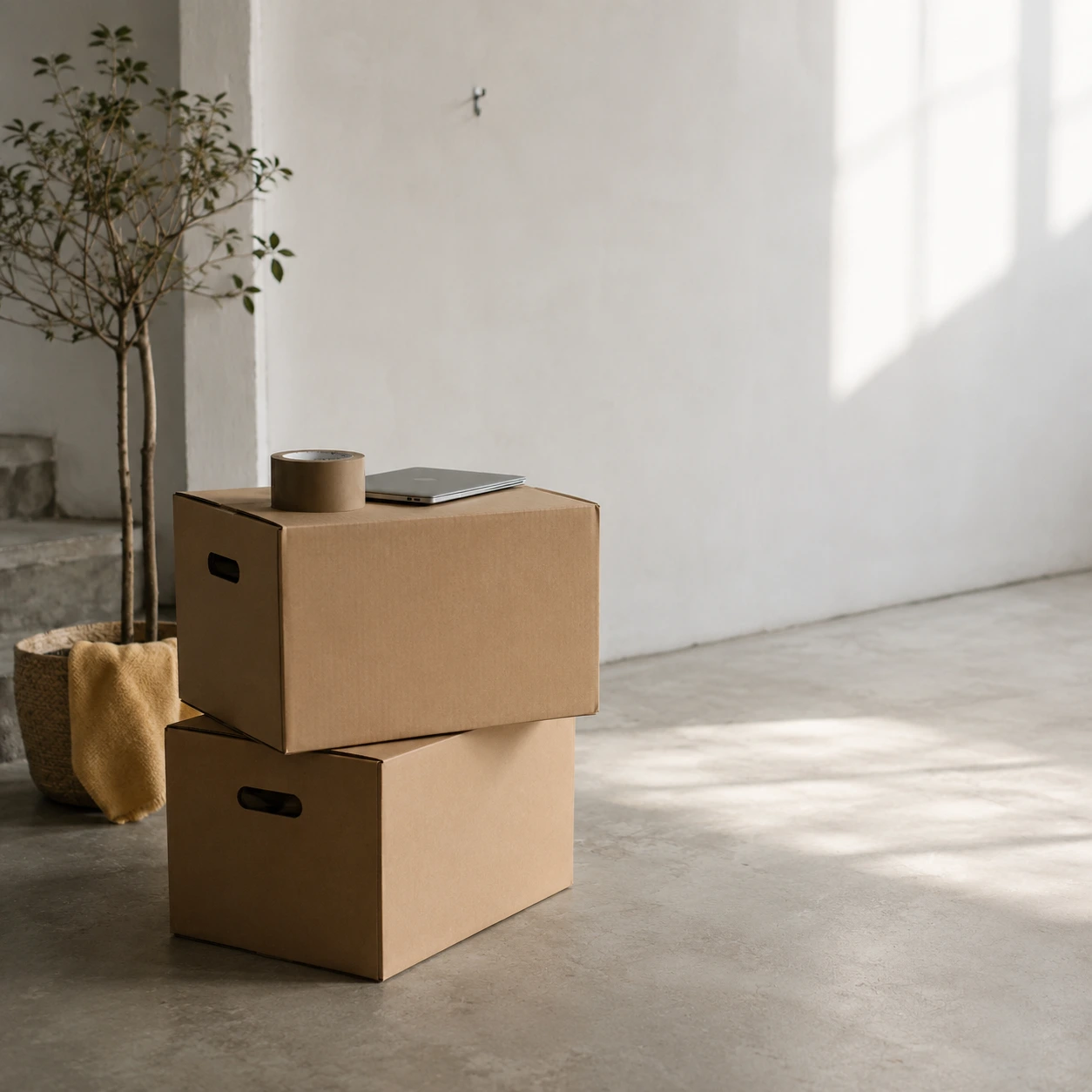 Two plain cardboard crates and a roll of paper tape on a bright studio floor, mid-move, with a laptop closed on the top crate.