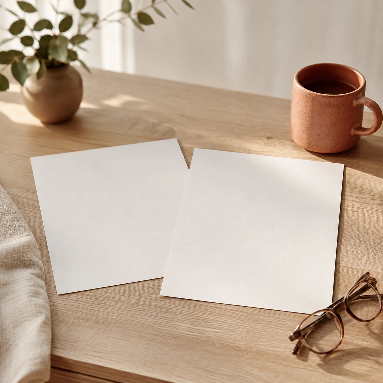 Two printed pages laid side by side on a pale oak desk in soft daylight, arranged as an AEO vs SEO comparison of two search approaches.