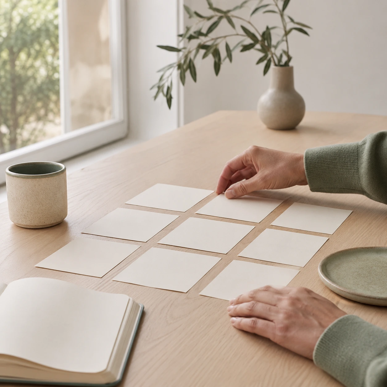 Hands arranging a grid of plain unmarked cards on a pale oak desk, standing in for an AI visibility tool comparison in a bright studio.