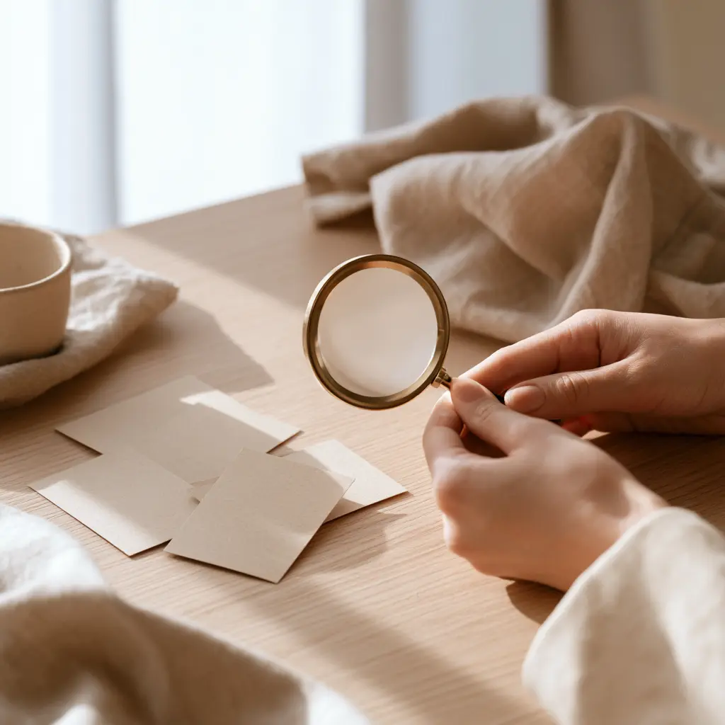 Hands holding a magnifying glass over one plain unmarked card among several on a pale oak desk, standing in for an AI brand visibility tool.