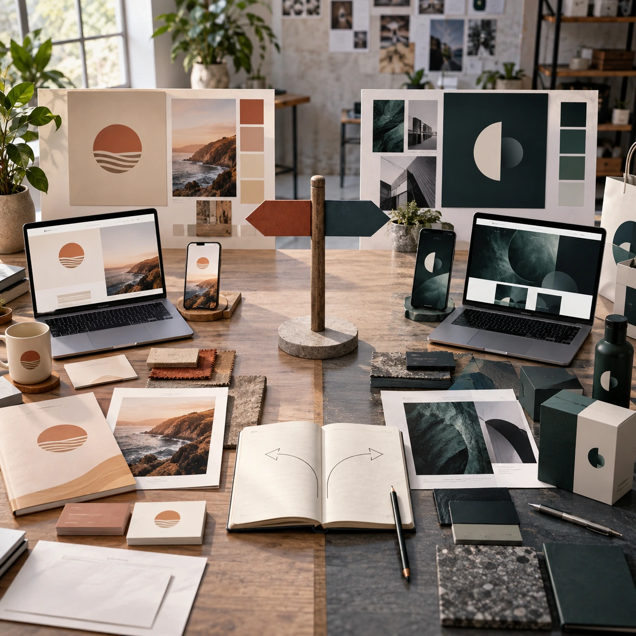 Side by side brand identity systems showing the difference between a visual brand refresh and a complete business rebrand