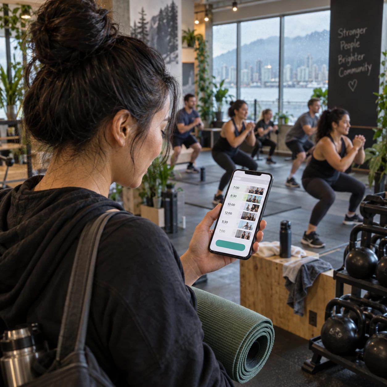 Prospective gym member views a class booking schedule on her phone inside a Metro Vancouver fitness studio.
