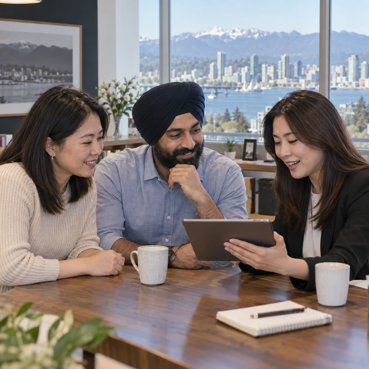 Chinese and Punjabi speaking customers review a multilingual business website with a Metro Vancouver service provider.