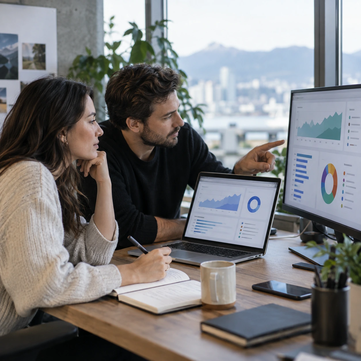 Marketing team compares GEO tools and different AI visibility reports for the same company in a Vancouver office.