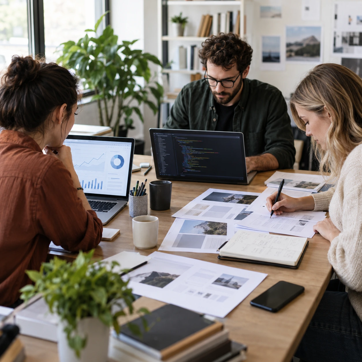 Marketing team reviews AEO tools and AI visibility data to assess how a company appears in answer engine results.