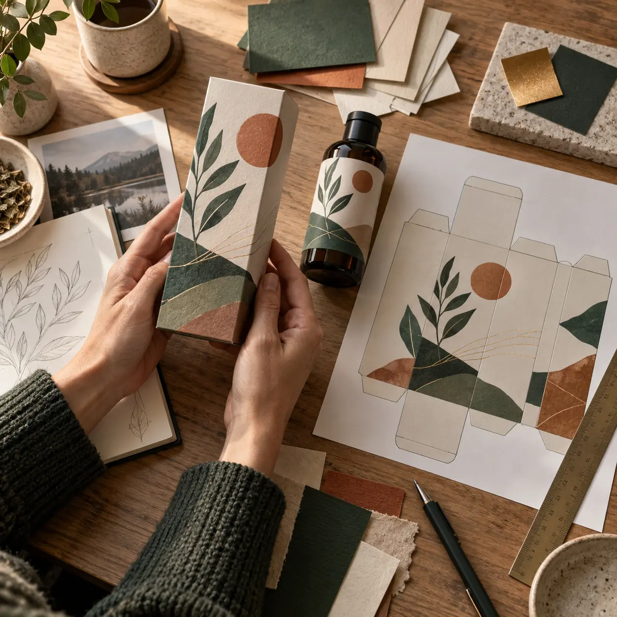Designer reviewing a folding carton, product label, dieline and paper samples for a Canadian small product brand.