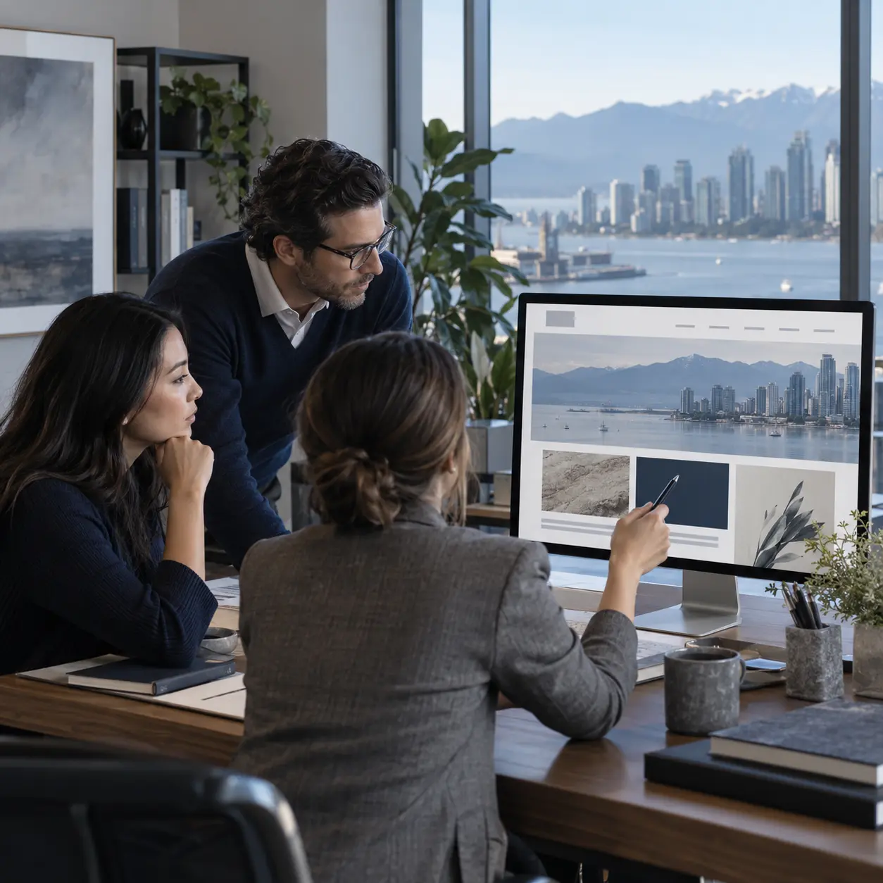 Professional services team reviewing a law firm website design in a Vancouver office overlooking the city.