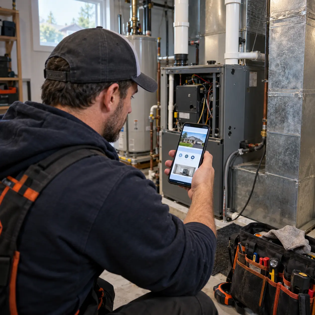 HVAC technician viewing a contractor website on a smartphone while servicing equipment in a Metro Vancouver home.