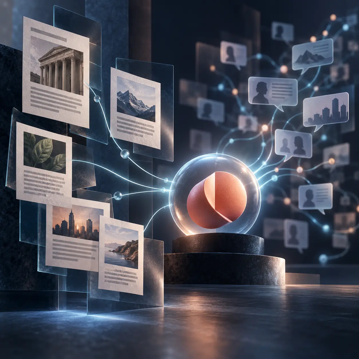 Conceptual brand object connected to trusted online sources and conversational signals representing ChatGPT brand mentions.
