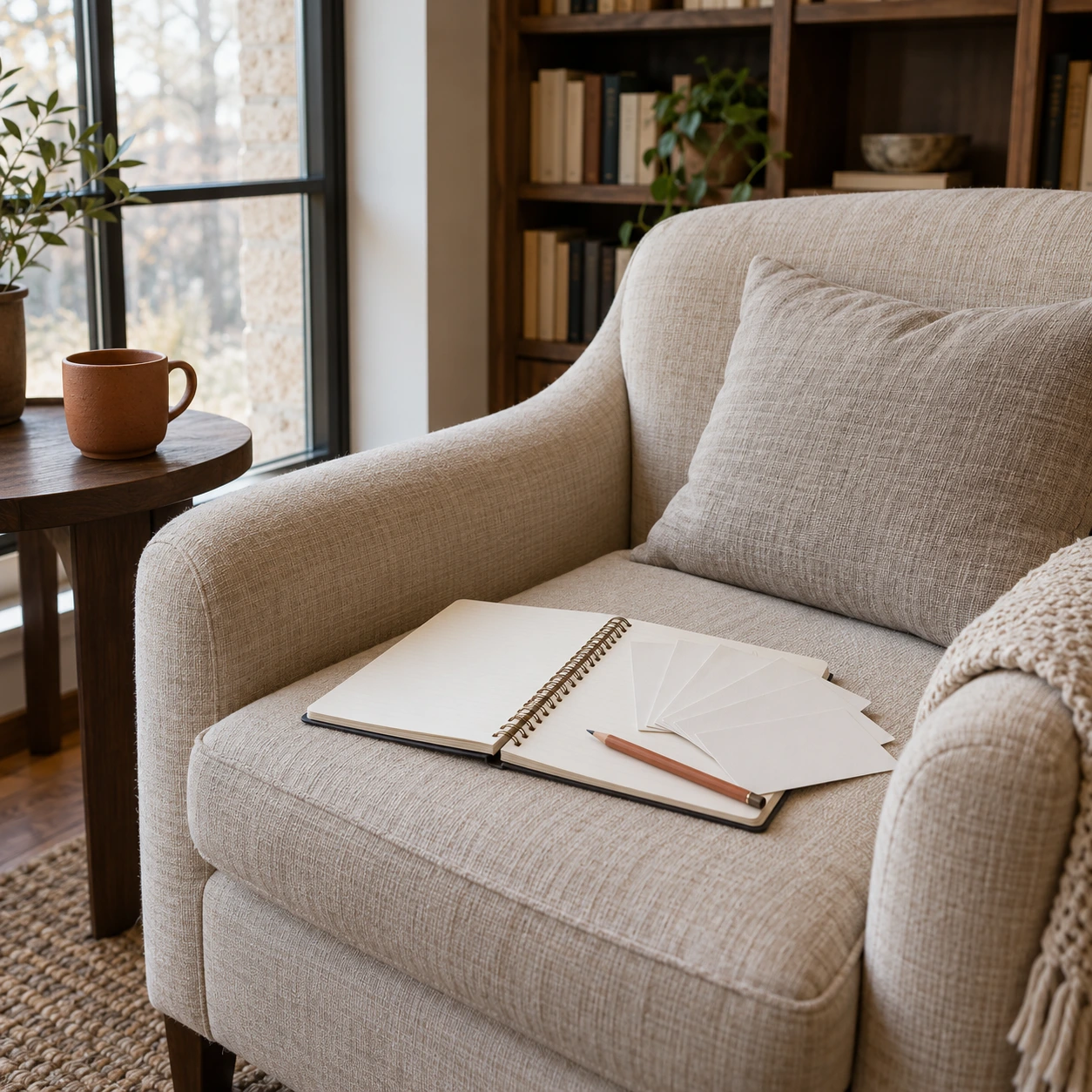 Blank shortlist cards and an open notebook on a reading chair illustrate planning a comparison of ChatGPT SEO tools.