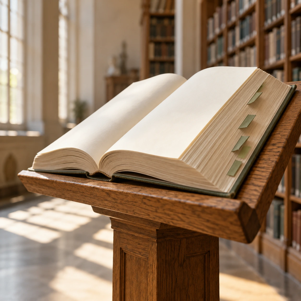 An open book with sage index tabs rests on an oak lectern in a sunlit library, illustrating sources behind Perplexity SEO.