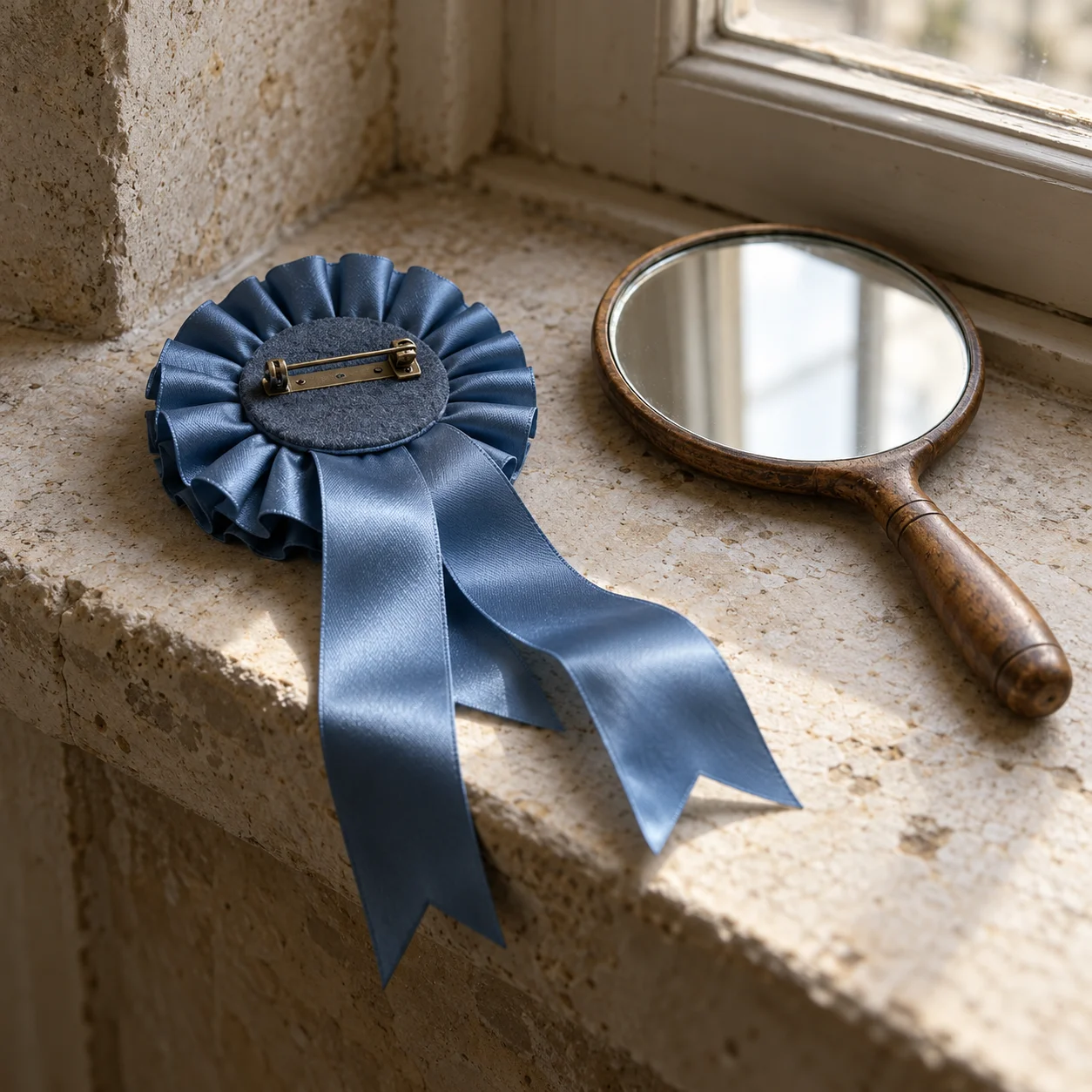A face-down blue rosette and a wooden hand mirror rest on a stone windowsill, a metaphor for self-promotional listicles.